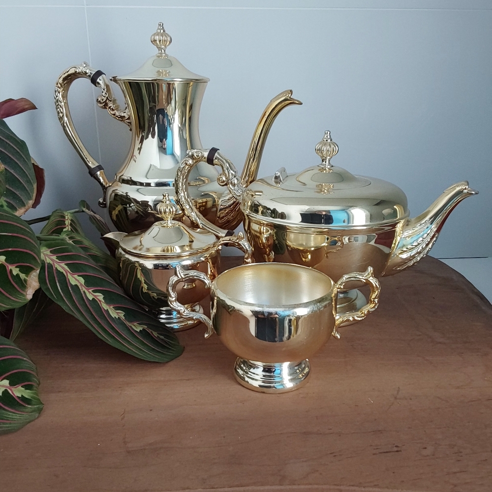 Wm. A. Rogers S.P. Brass Coffee Tea Set 4 Pc w/ Bakelite Accents Vintage Chic